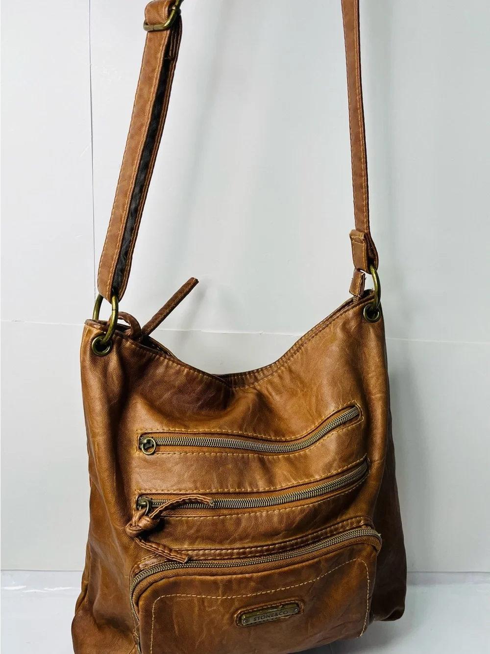 Stone & Co. Tan Leather Messenger Bag with Brass Accents